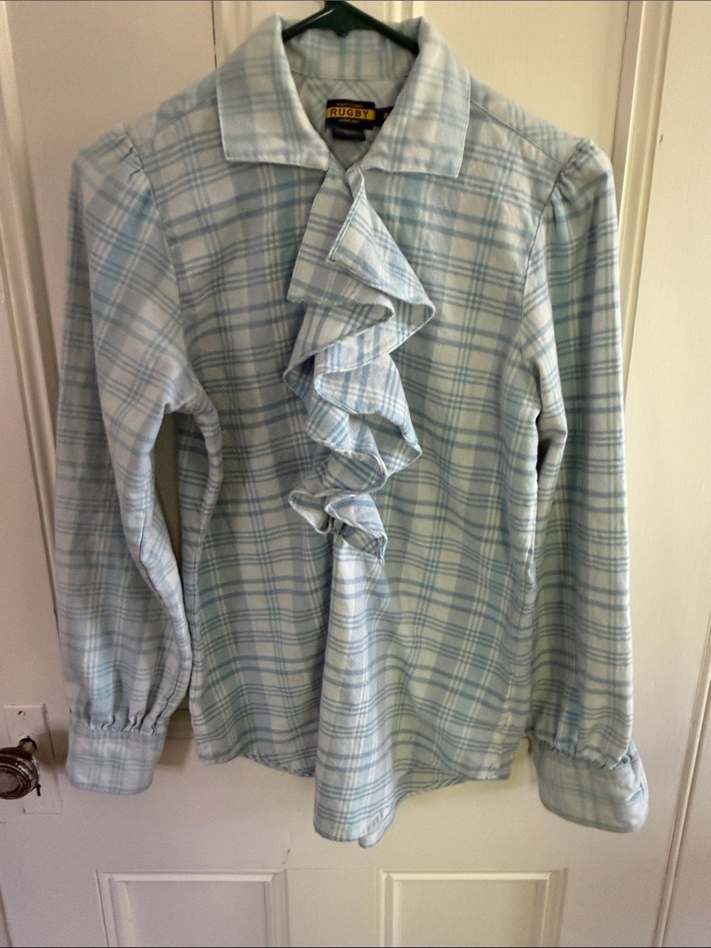 Ralph Lauren Light Blue Plaid Ruffle Front Button-Down Shirt - Picture 3 of 5